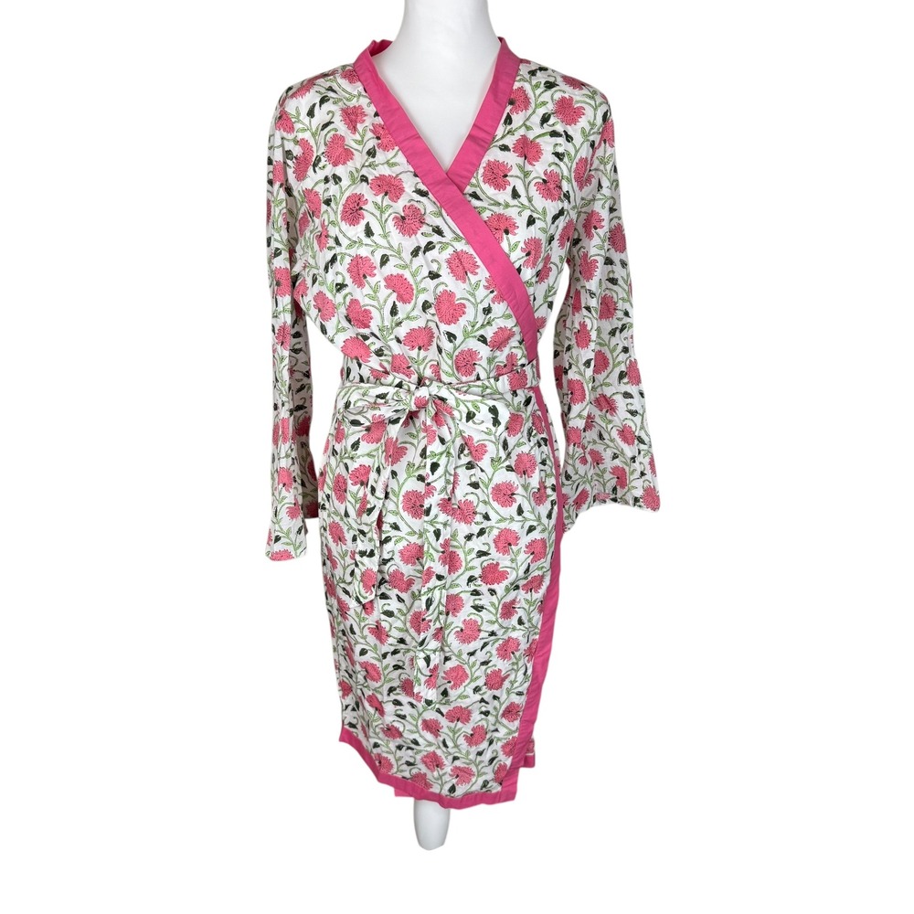 Madison Mathews One Size Floral Print Robe Kimono Pink White Green‎ Cotton